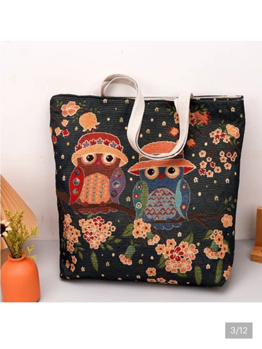 Floral Owl Print Canvas Tote Bag in Black